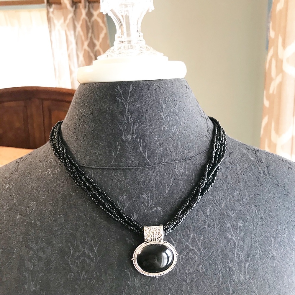 Black Medallion & Multi Strand Seed Bead Necklace